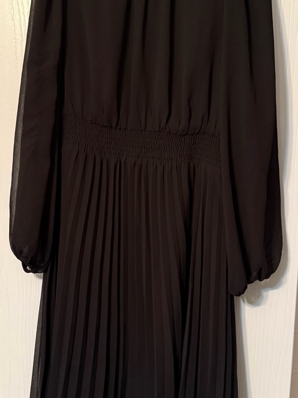 Sheer Long Sleeve Black Pleated Midi Dress